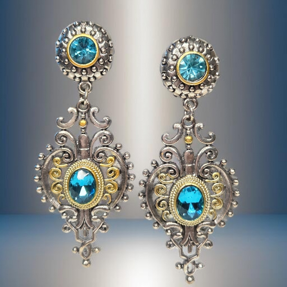 Romantic Victorian Ornate Swirl 2 Tone Aquamarine Crystal Earrings